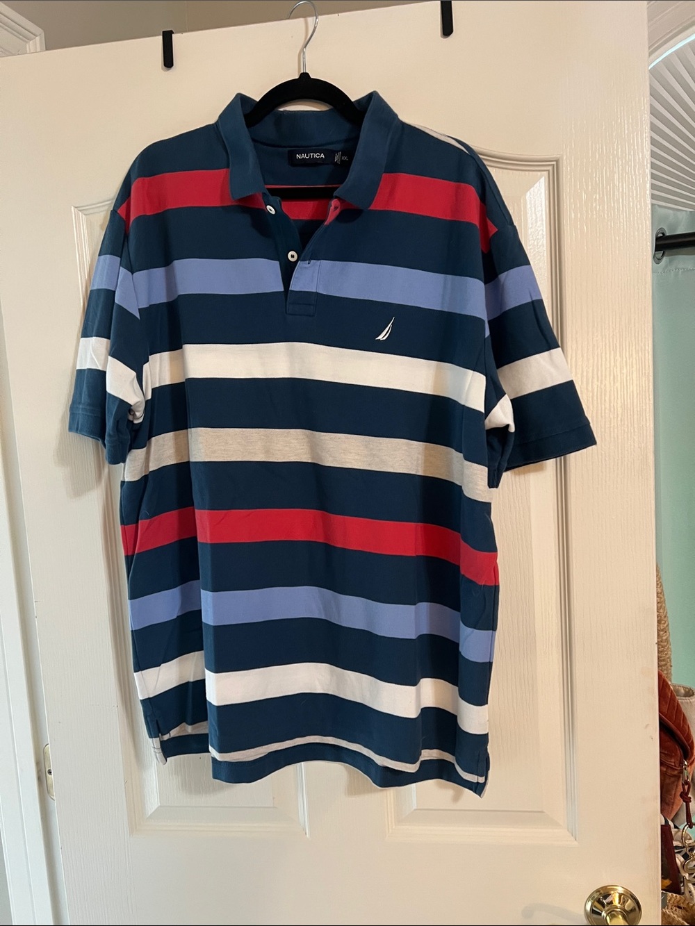 Nautica Navy Polo with Red, Light Blue, White, and Tan Stripes